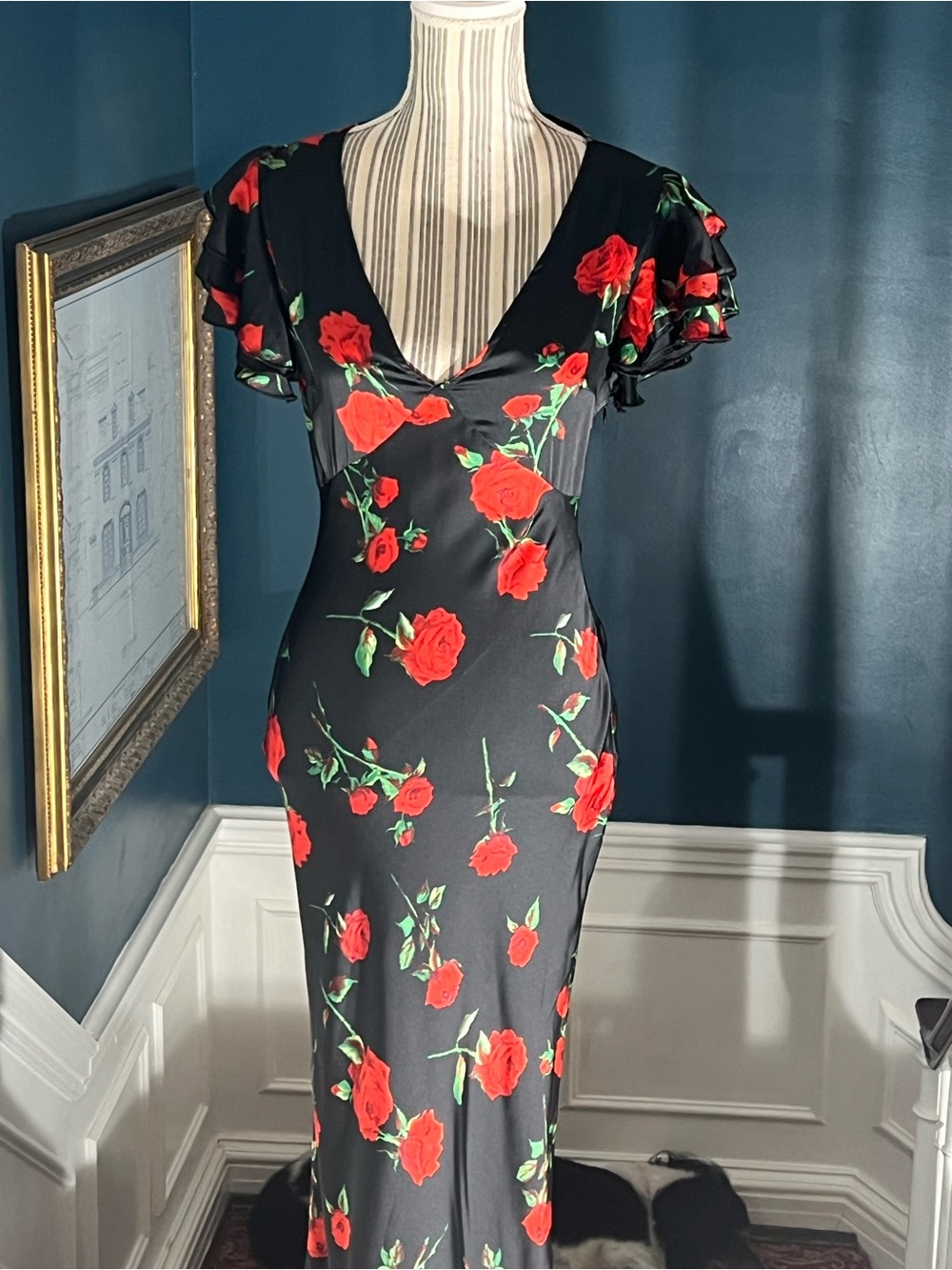 Black Floral V-Neck Mermaid Dress with Red Rose Print mermaid size 6 long D438 - Picture 13 of 14